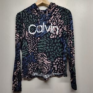 Calvin Klein Performance Hooded Shirt Women Size XS Gree Leopard Long Sleeve